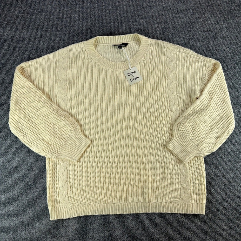Davi & Dani Cream Cable Knit Oversized Sweater Womens 1XL Crew Neck Ribbed NWT